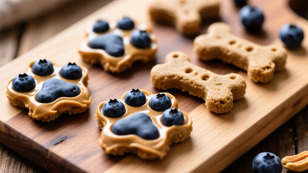 A close-up of freshly made no-bake peanut butter and blueberry dog treats on a rustic wooden board, arranged in paw and bone shapes