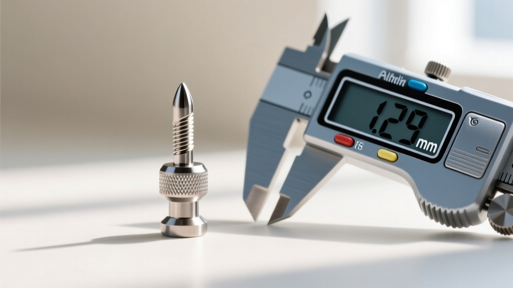 Macro shot of a 16-gauge internally threaded titanium labret post beside a digital caliper displaying 1.29 millimeters thickness.