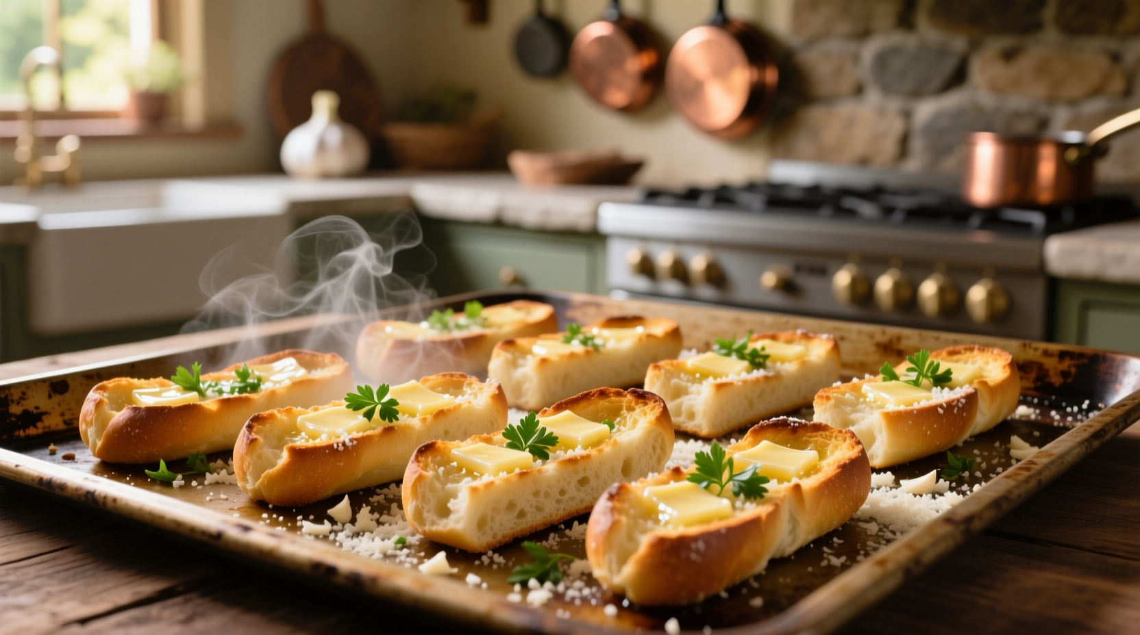Golden garlic bread sticks arranged on baking sheet