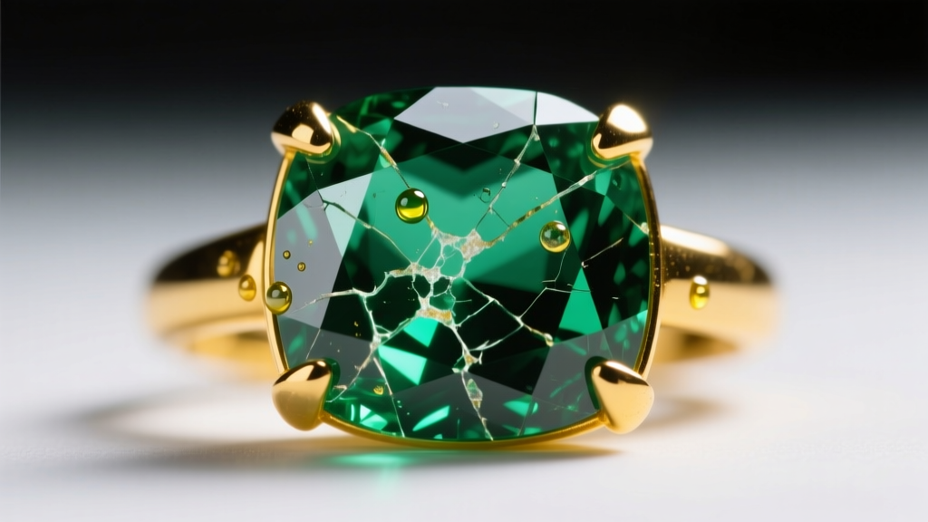 Macro shot of a fractured emerald in yellow gold revealing internal cracks and oil residue under harsh directional studio light.