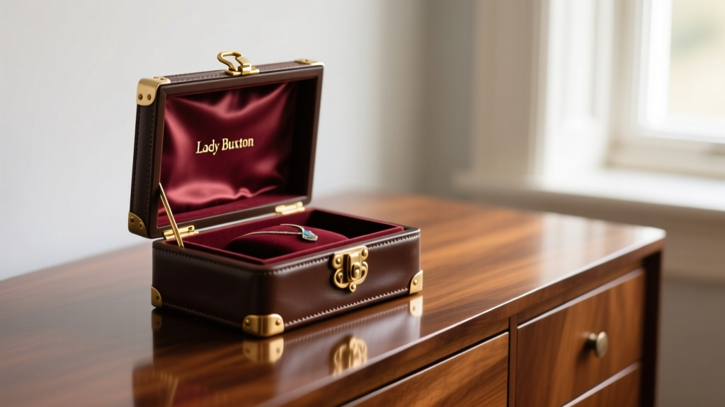 Vintage Lady Buxton jewelry box in dark brown leatherette with brass hardware resting on a polished mahogany dresser surface.