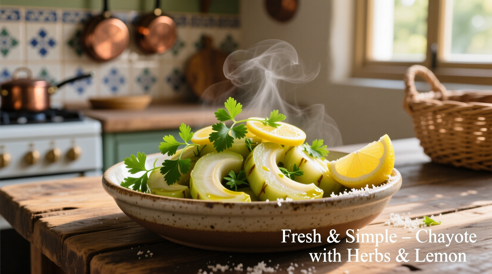 Freshly cooked chayote with herbs and lemon