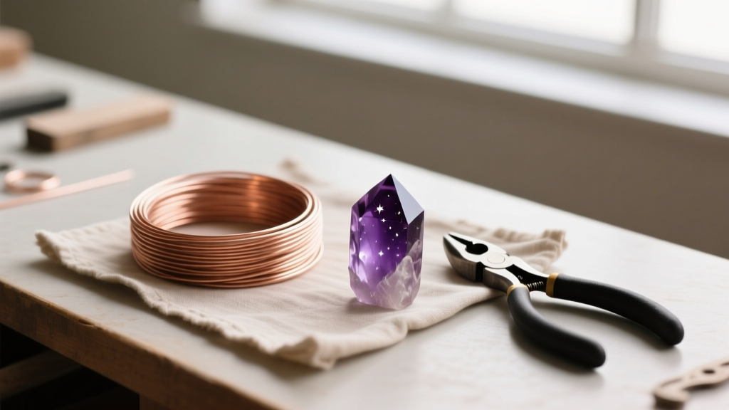 Overhead view of a jeweler workbench with 20-gauge copper wire, round-nose pliers, and raw amethyst ready for wrapping