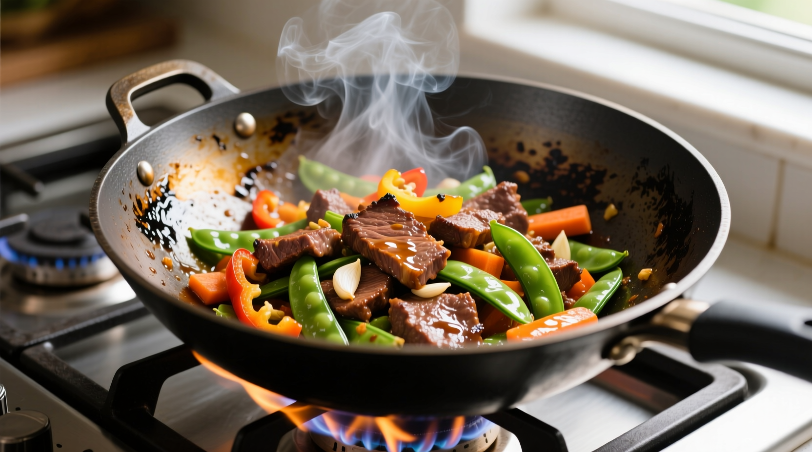 Perfectly cooked stir fry beef with vegetables in wok