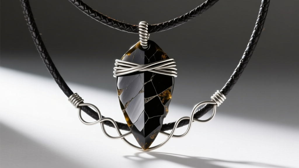 Handcrafted Native American arrowhead necklace with knapped obsidian and oxidized sterling silver wire wrap on dark leather.