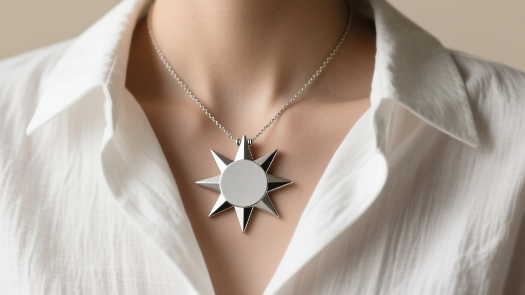 Minimalist geometric silver sun necklace featuring a matte-finished circular disc with sharp triangular rays worn over white linen