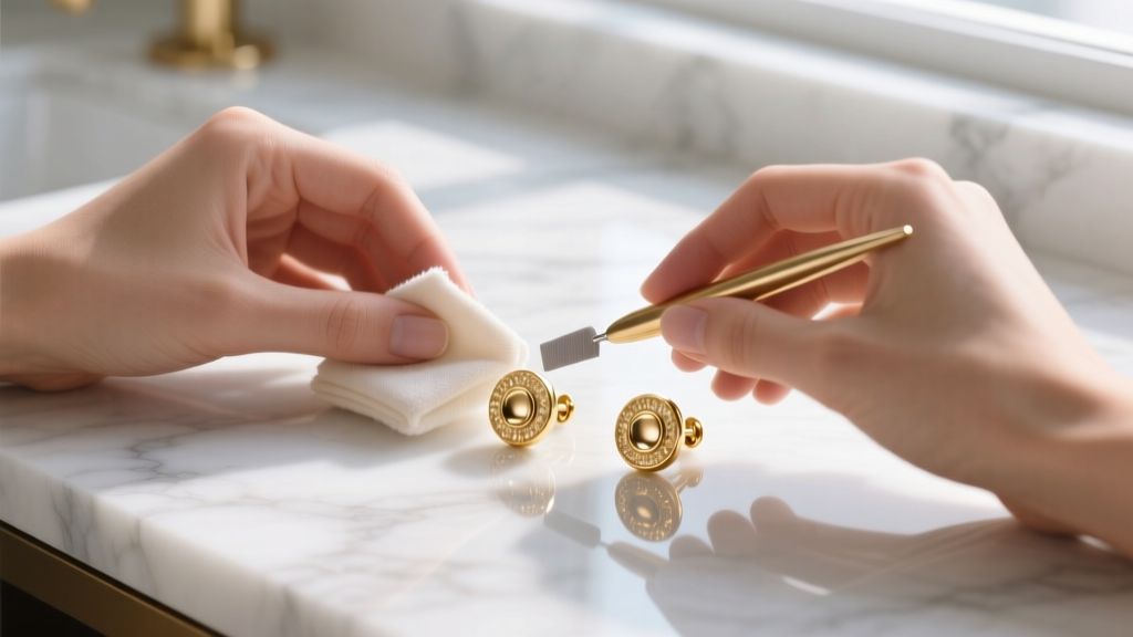 Hands cleaning round 18k gold earring studs with a microfiber cloth and jewelry polishing solution on a bright marble vanity top.