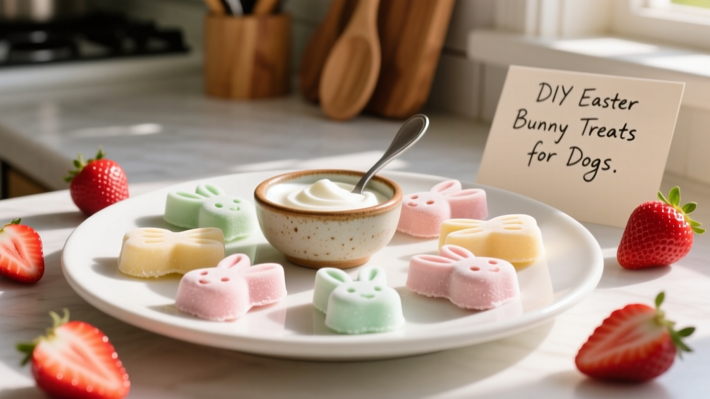 A close-up of pastel-colored bunny-shaped frozen dog treats arranged on a white plate with fresh strawberries and a small bowl of Greek yogurt nearby