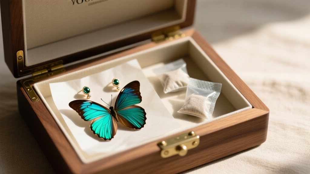 An open archival jewelry box with acid-free tissue, displaying morpho wing earrings stored beside conditioned silica gel packets.