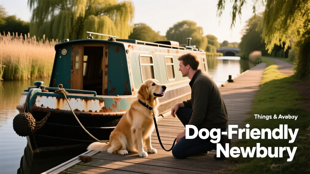 An old barge boat moored along the Kennet & Avon Canal in Newbury
