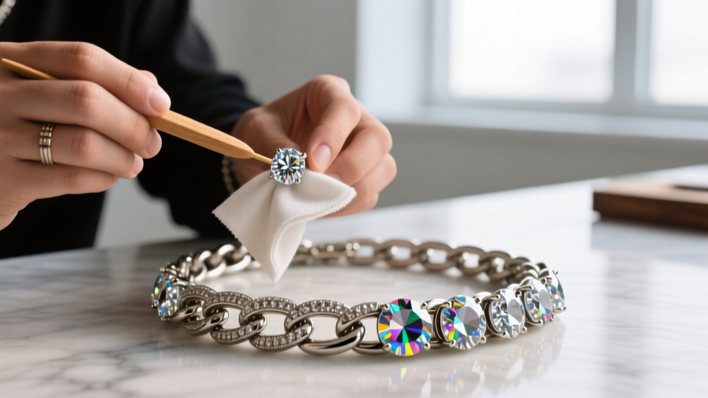 Jeweler using a wooden peg and microfiber cloth to dry the intricate prong settings of a heavy moissanite hip-hop chain necklace.