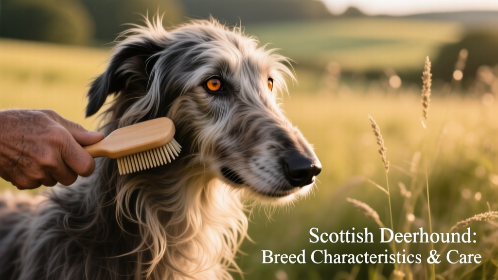 Close-up of a Scottish deerhound’s wiry coat being gently brushed, highlighting texture and length