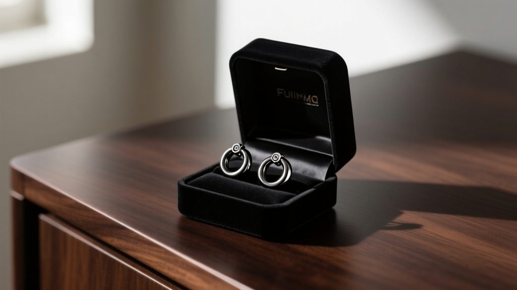 Black velvet jewelry box open to reveal a pair of 16-gauge PVD-coated black titanium huggie hoops resting on a dark wooden desk.