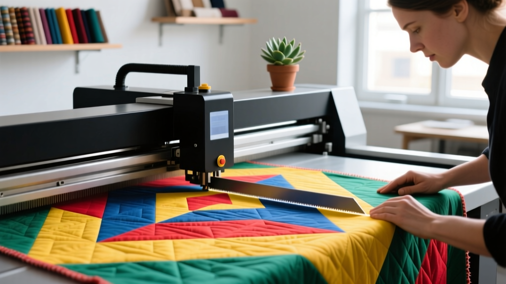 Close-up of a maker using a digital fabric cutting machine to precisely cut complex quilt patterns from bright cotton fabrics.