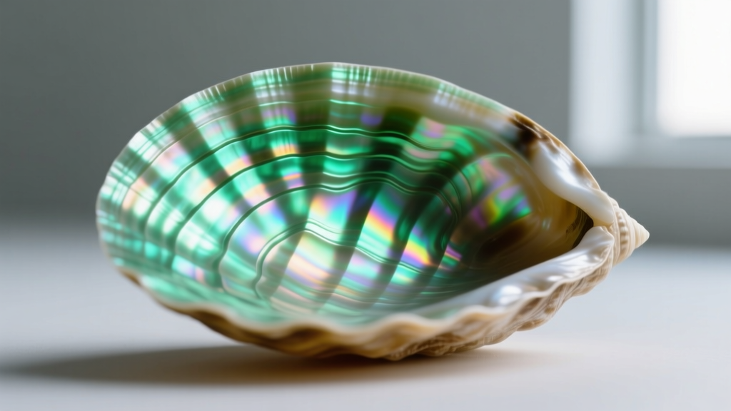 Extreme macro photography of natural abalone shell surface, highlighting the microscopic ridges and neon green nacre layers.