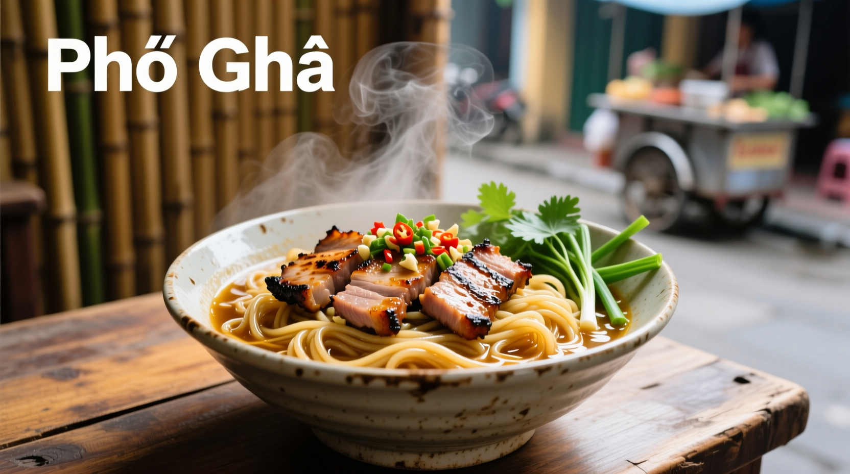 Steaming bowl of Vietnamese garlic noodles with grilled pork