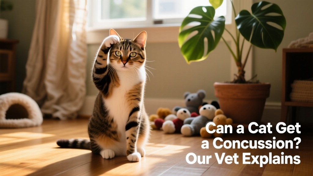 A curious cat sitting upright, gently touching its head with a paw, suggesting mild discomfort