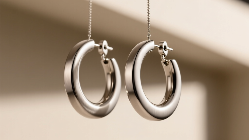 Large 50mm titanium dangling hoop earrings catching soft sunlight, highlighting the matte brushed finish and a secure latch back.