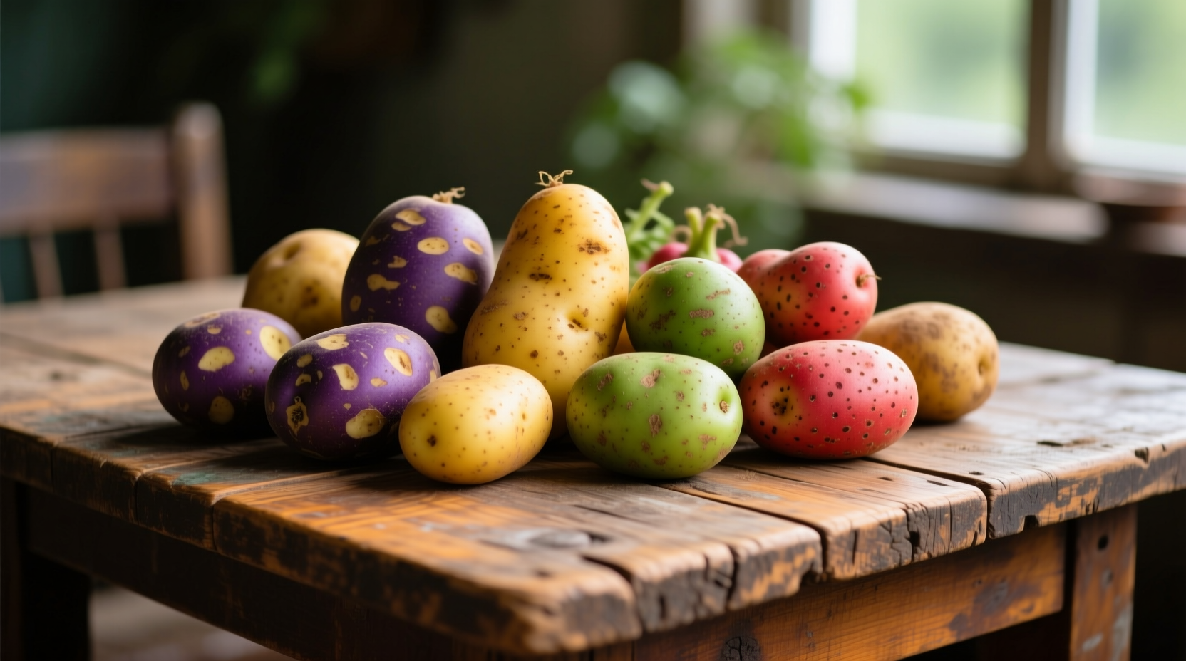 Colorful assortment of potato varieties on wooden table