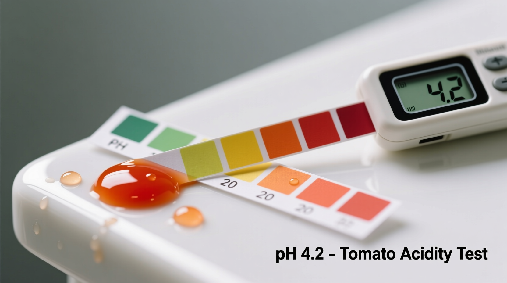 pH testing strips measuring tomato acidity levels