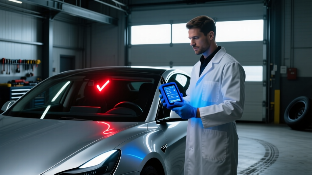 A technician holding a BlueDriver OBD2 scanner next to a glowing check engine light on a modern car dashboard in a dimly lit garage.