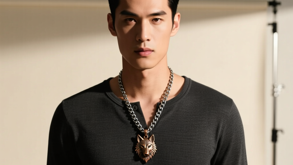 A stylish male model wearing a layered 5mm stainless steel curb chain and bronze wolf pendant over a dark henley shirt