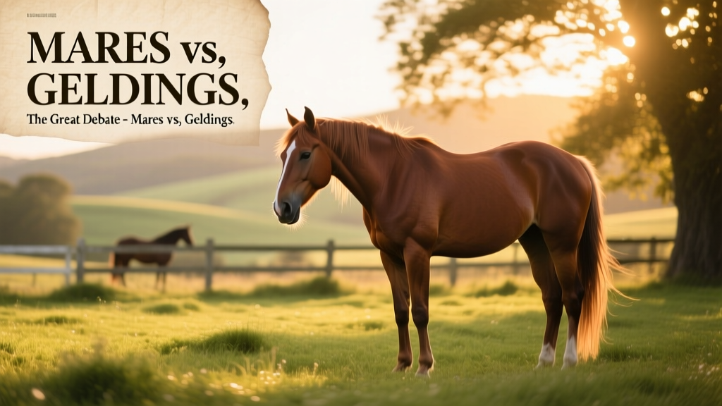 A calm, expressive mare standing quietly in a sunlit paddock, head slightly lowered