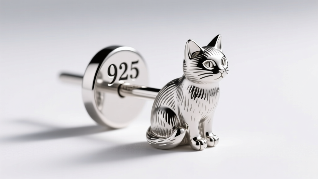 Macro photo showing the 925 hallmark stamped on the back of a silver cat figurine earring post, under bright studio light.