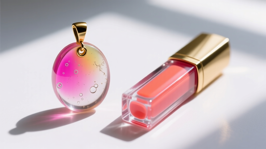 Macro shot of original Y2K Bratz acrylic lip gloss pendant next to a modern repro, showing visible mold seams and plastic clarity