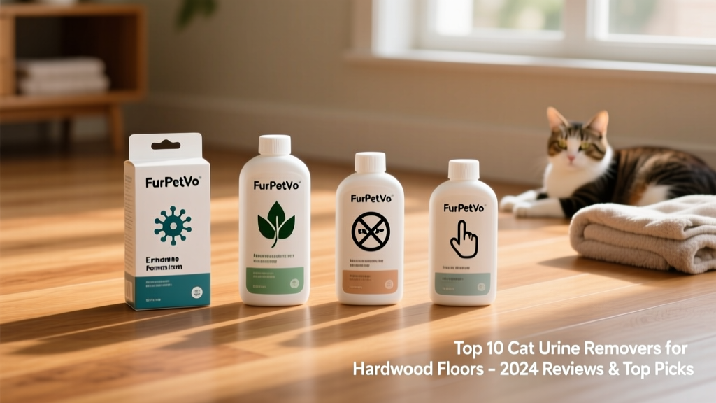 Side-by-side comparison of four top-rated FurPetVo urine removers on a clean hardwood surface, labeled with icons for enzyme action, safety, and ease of use