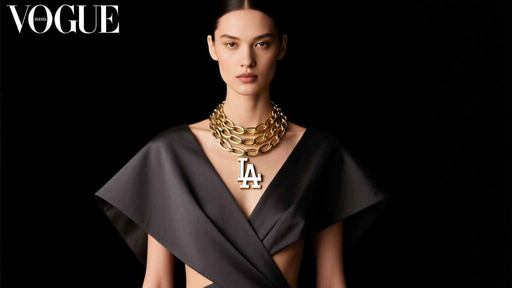 Model wearing a layered Yamamoto Dodgers necklace over a dark avant-garde asymmetrical tunic in soft, moody studio lighting
