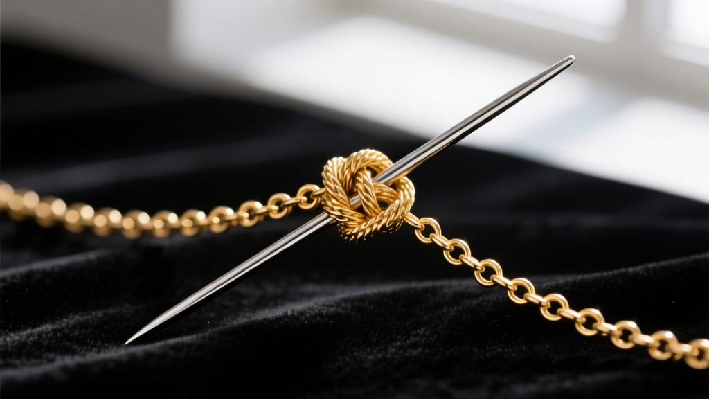 Macro shot of a steel pin separating a tangled knot on a gold vermeil bubble chain, placed on a dark velvet jeweler's mat.