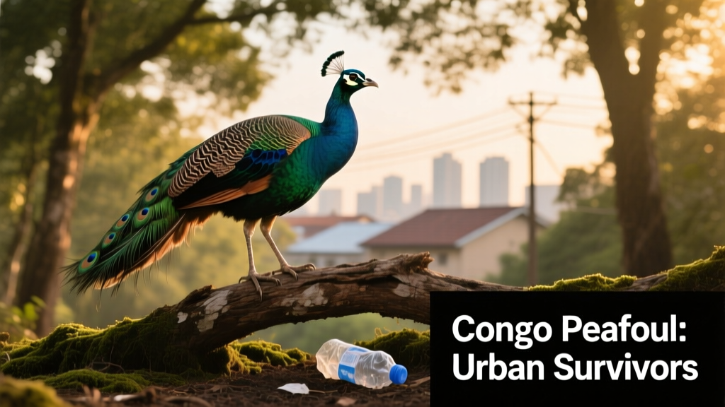 A Congo peafowl perched in dappled forest light, showing shorter tail feathers and subdued iridescent plumage