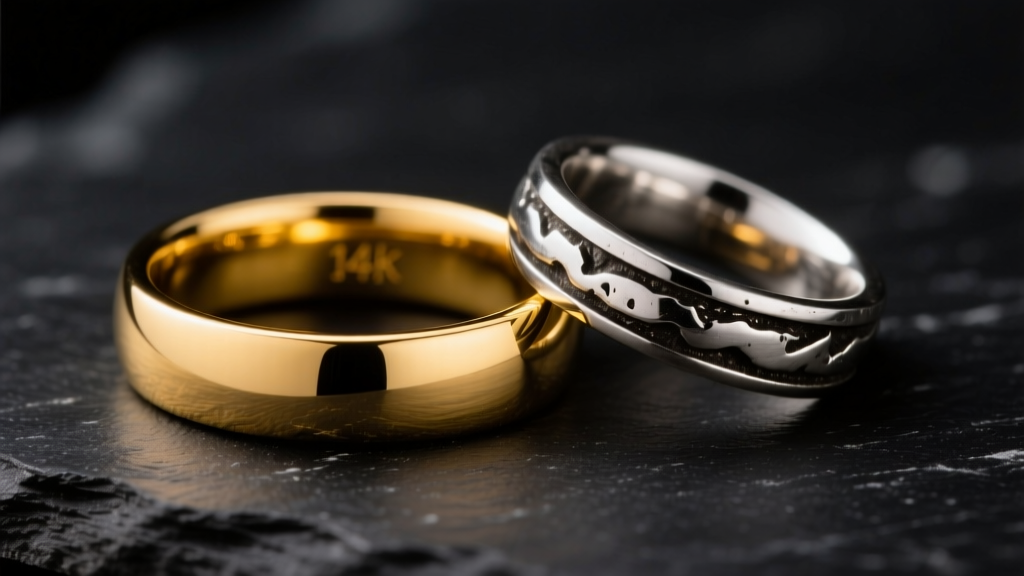 Macro photo of a polished 14k yellow gold wedding band resting beside an oxidized sterling silver ring on dark slate, studio lighting