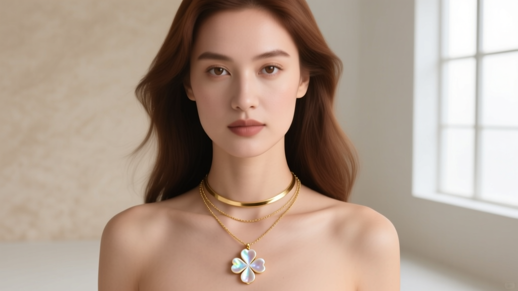 Woman wearing a layered stack with a mother-of-pearl leaf clover pendant on a 16-inch chain paired with a 14-inch gold choker.