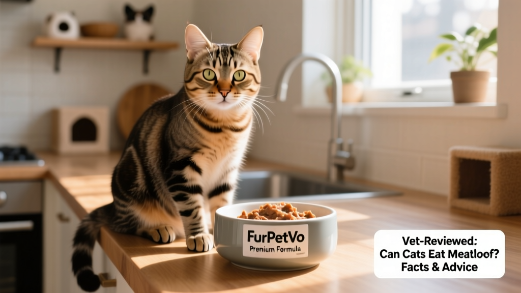 A happy, healthy tabby cat sitting beside a bowl of high-protein wet food labeled 'FurPetVo Premium Formula'