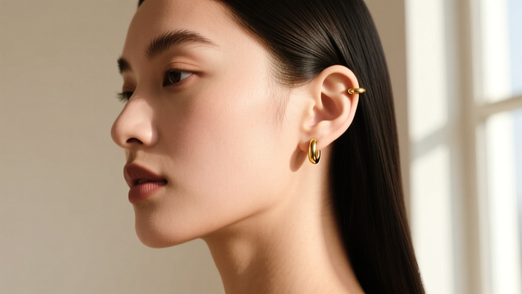 Side profile of a woman wearing a delicate 14k solid gold 18-gauge threadless flat back stud in a helix piercing in soft lighting.