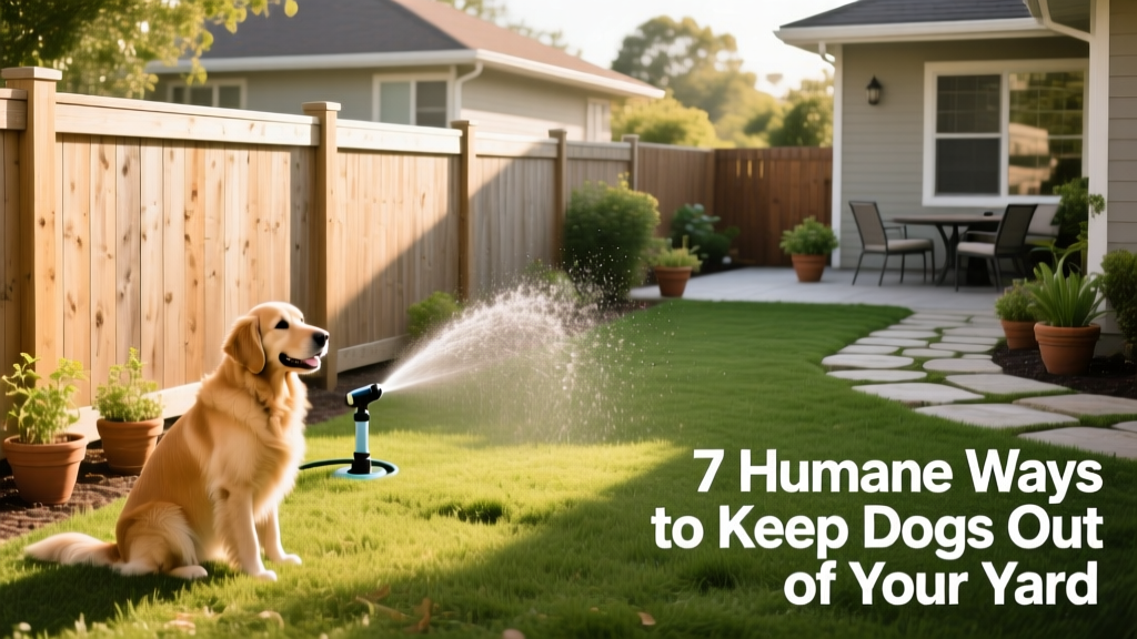A well-maintained backyard with a low, attractive fence and motion-activated sprinkler near the perimeter