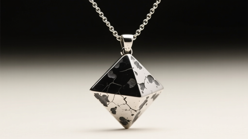 Macro shot of an oxidized sterling silver geometric pendant on a 2.5mm box chain, showcasing raw texture and matte metal finishes.