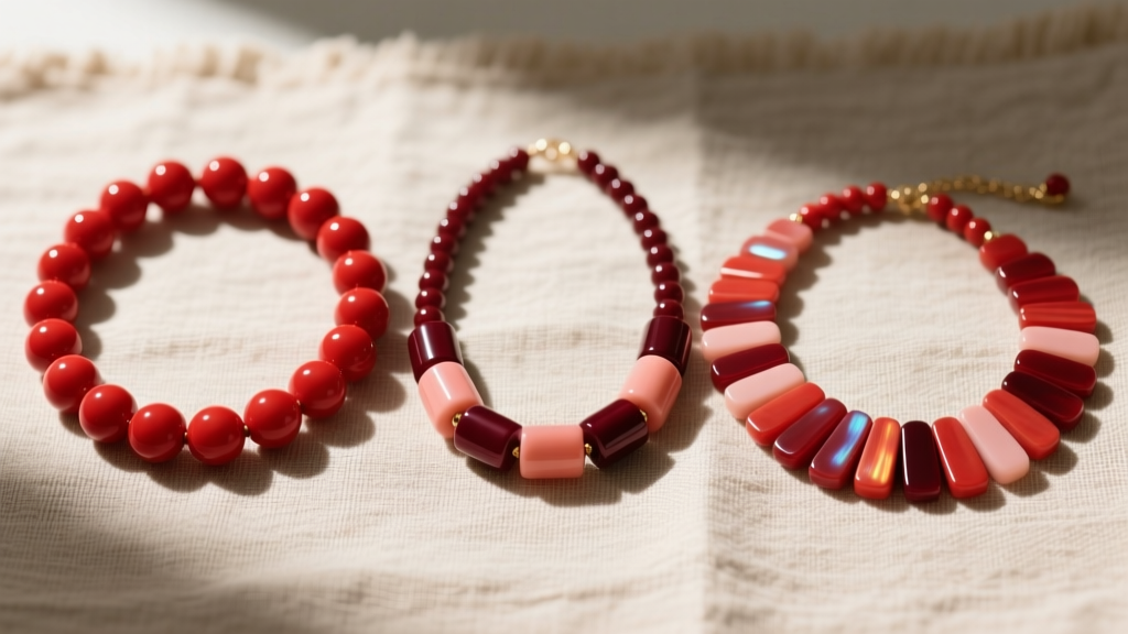 Flat lay of three red coral bead necklaces: round beads, graduated barrels, and flat heishi discs resting on natural linen fabric.