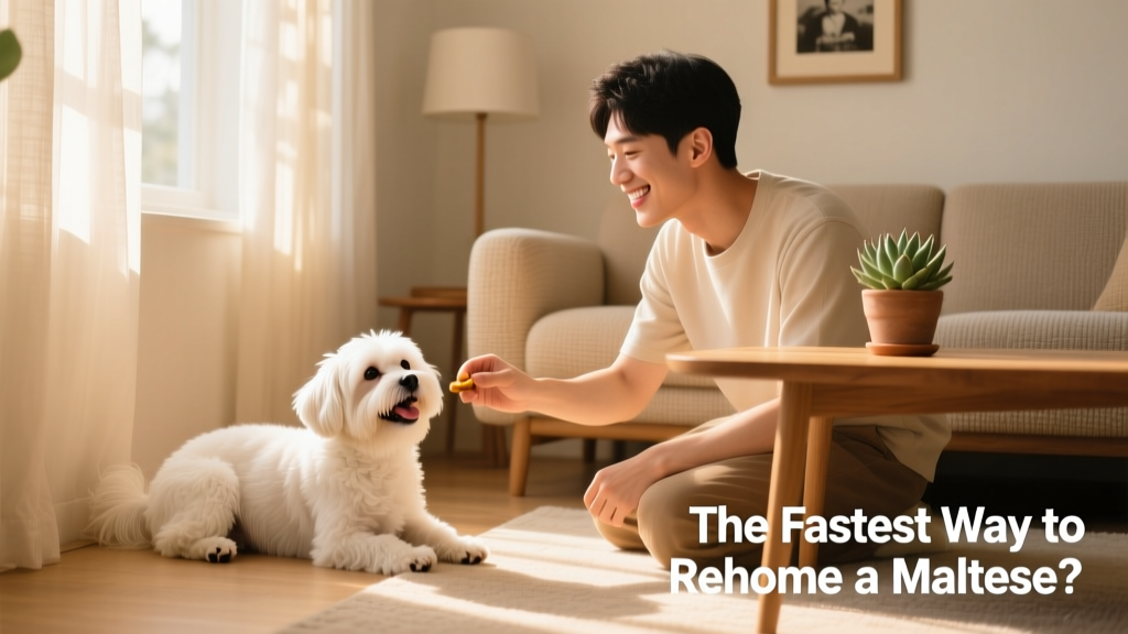 A happy Maltese settling into a cozy corner of a sunlit living room with his new owner nearby