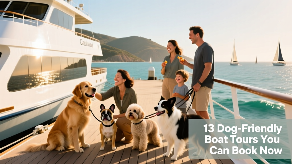 A modern ferry docked at Catalina Island, with leashed dogs standing beside their owners on the open deck overlooking the Pacific Ocean