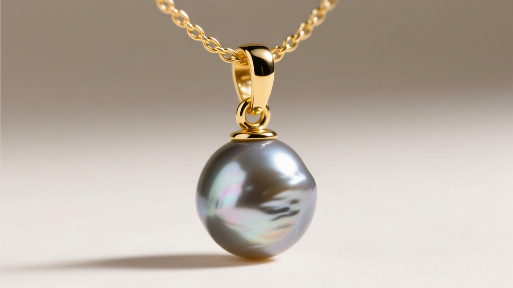 Close-up of a 14k gold glue-in peg bail securing a half-drilled grey baroque pearl pendant to a delicate 1mm gold cable chain.