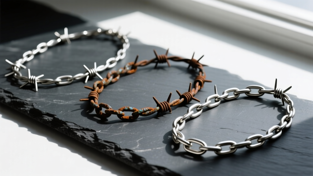 Flat lay of three barbed wire necklaces in zinc, steel, and silver, showing varying tarnish levels and link thickness on dark slate