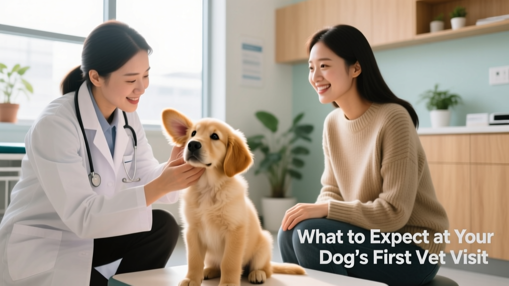 A gentle hands-on physical exam: vet checking a puppy’s ears while owner watches reassuringly