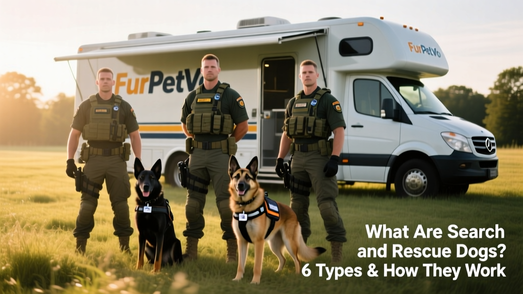 A team photo of SAR handlers and their dogs standing proudly in front of a FurPetVo-branded mobile command unit