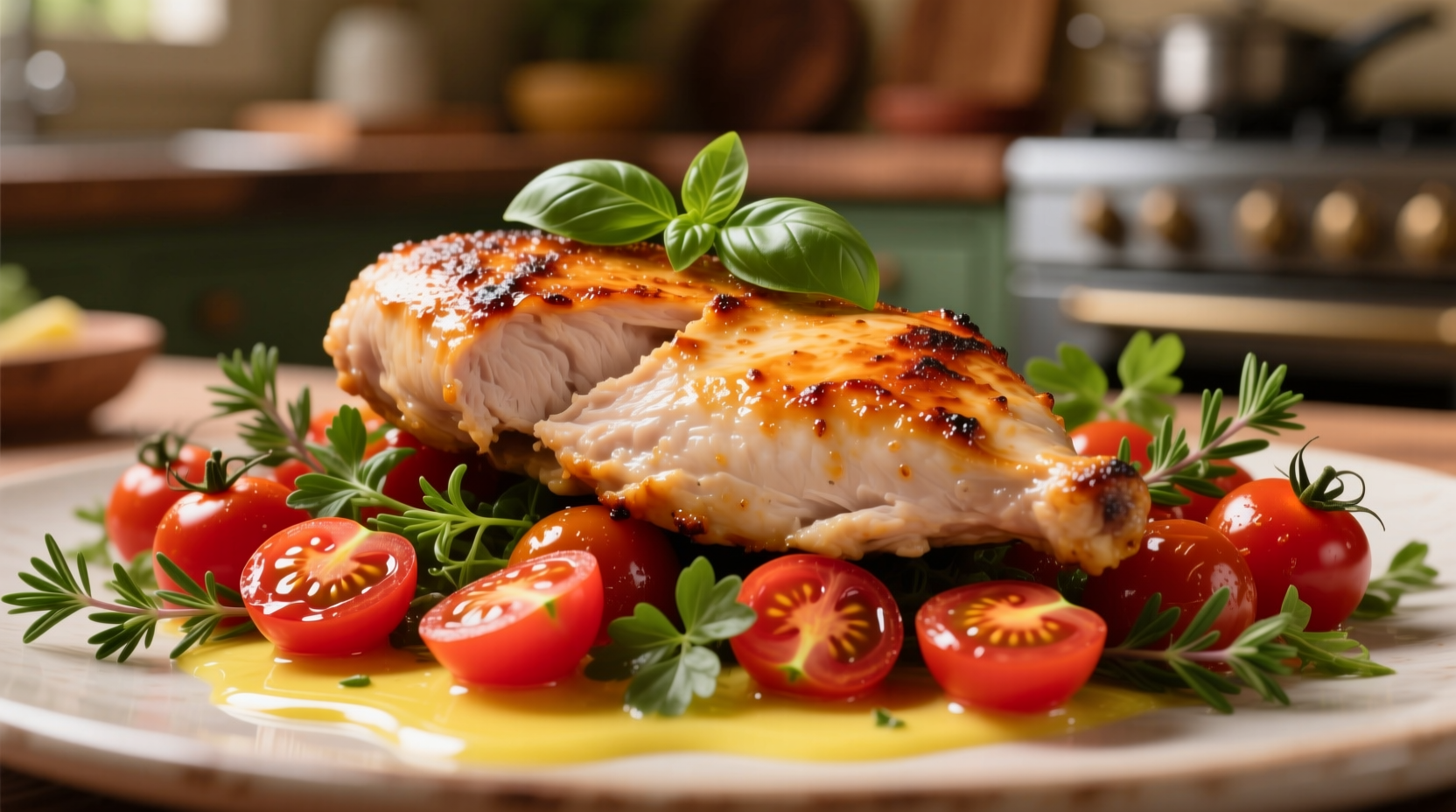 Pan-seared chicken with cherry tomatoes and fresh herbs