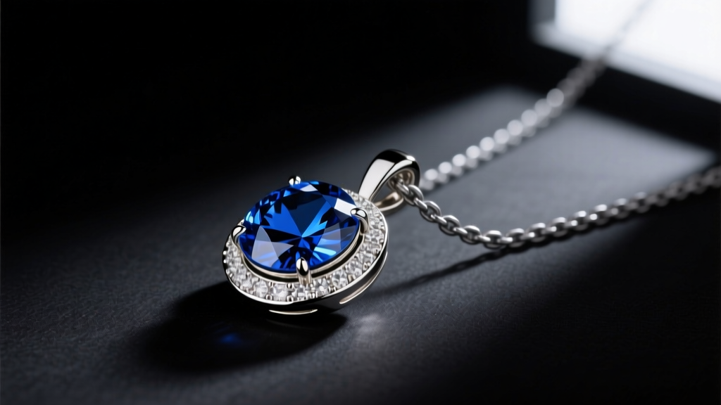 Macro shot of a blue sapphire Titanic replica pendant on white gold next to a matte grey titanium chain on dark velvet background
