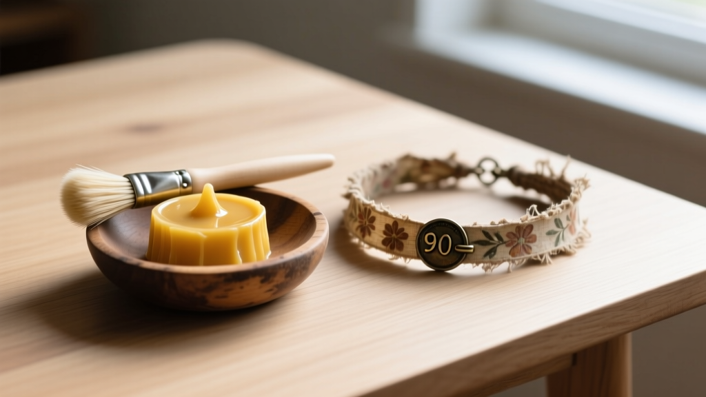A small wooden dish containing pure beeswax and a soft bristle brush next to a dried, restored 90s hemp choker on a wood table
