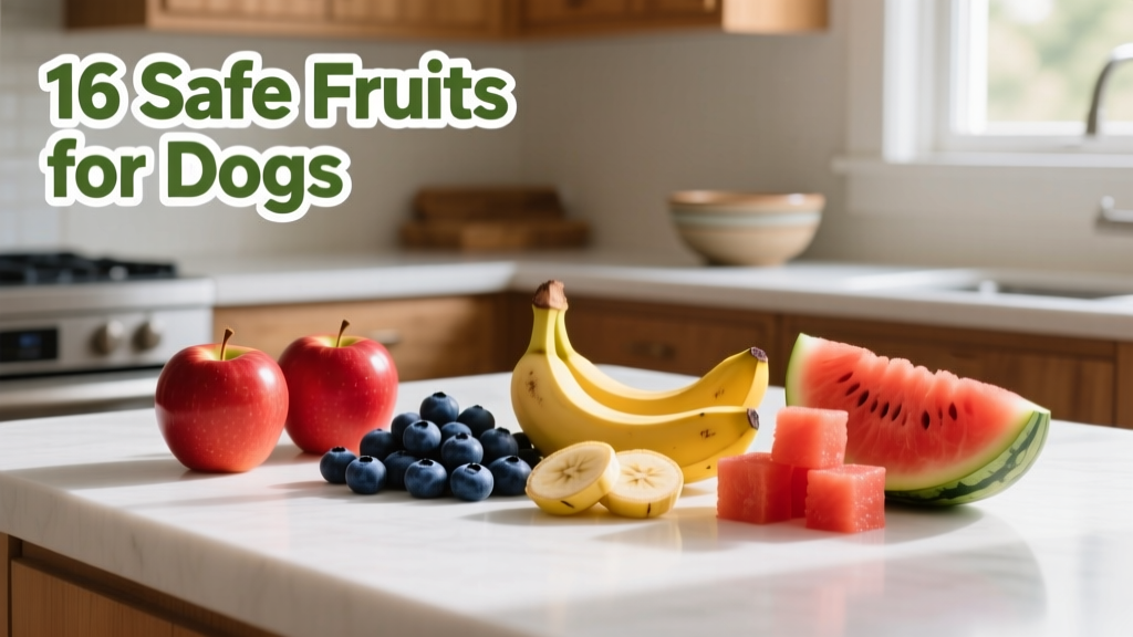 A colorful assortment of dog-safe fruits—apples, blueberries, banana slices, and watermelon cubes—arranged on a clean kitchen counter
